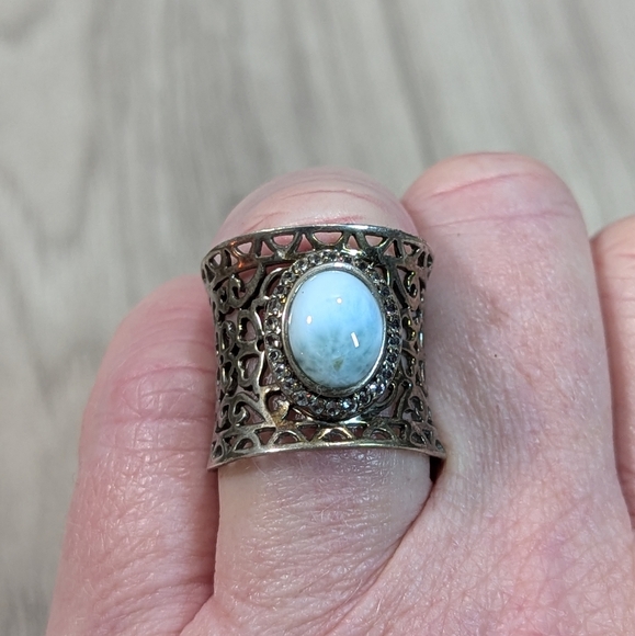 Victorian Larimar Stone CZ & Sterling Silver Laser Cut Heart Wide Band Ring - Picture 2 of 11